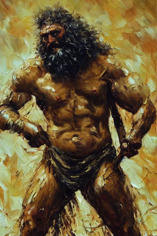 Image similar to highly detailed palette knife oil painting of a historically accurate depiction of the ancient biblical philistine giant warrior Goliath of Gath, fierce, menacing, by Peter Lindbergh, impressionistic brush strokes, painterly brushwork