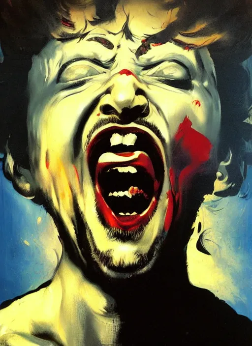 Image similar to sam hyde, screaming, painting by phil hale, fransico goya, david lynch,'action lines '!!!, graphic style, visible brushstrokes, motion blur, blurry