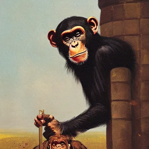 Image similar to A print that features a chimpanzee surrounded by a castle turret. The chimp is shown wearing a crown and holding a scepter, and the castle is adorned with banners. by Maurice Sapiro