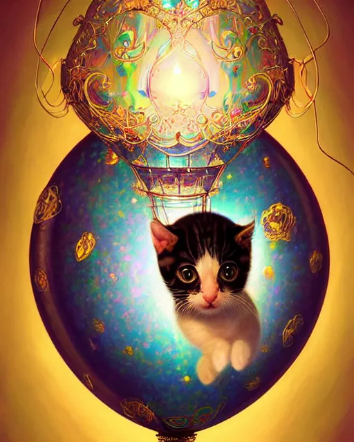 Image similar to cute kitten inside an ornate flying balloon of iridescent liquid, alchemy, shiny plastic, intricate, bloom, detailed, volumetric lighting, sharp focus, photorealism, digital painting, highly detailed, concept art, by by artgerm and wlop