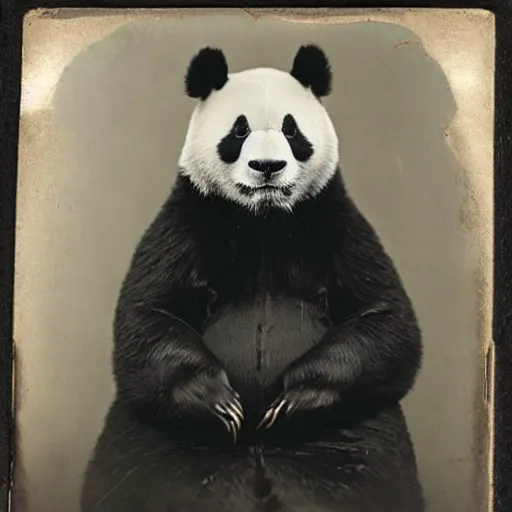 Image similar to tintype photo, panda, smiling