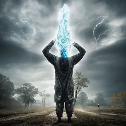 Prompt: Editorial Masterpiece extremely realistic Arcane elemental High Orders Nephilim Virtues figure infused with coalesced fantasy crystalline Magical fire by Erik Johansson, perfect crisp light