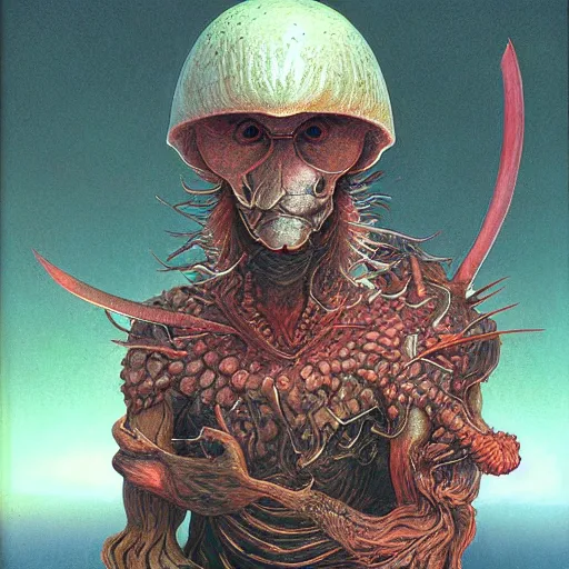 Prompt: portrait of a mushroom warrior, by wayne barlowe