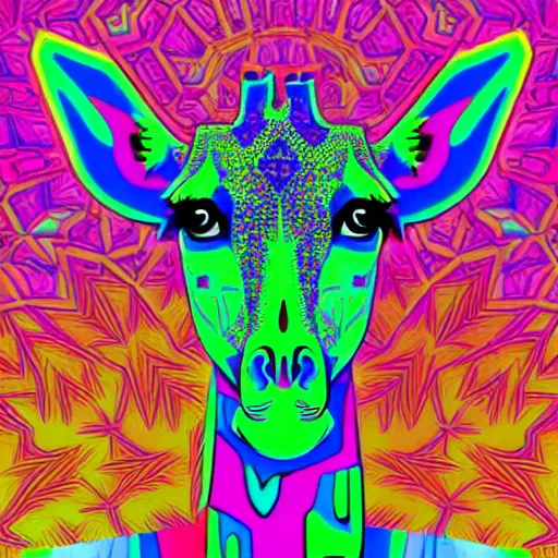 Image similar to a psychedelic neon technicolor portrait illustration of a giraffe in geometric kaleidoscopic colors with gradients vaporwave trending on artstation 4 k intricate extremely detailed digital art