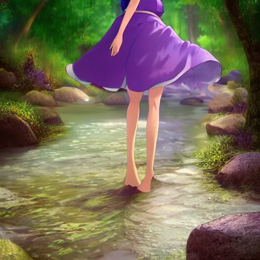 Image similar to advanced digital anime art, Sakimichan , a gorgeous high school girl with long gold and silver hair wearing a violet dress and bare feet walking through a crystal clear river, DOF, Gaussian Blur,