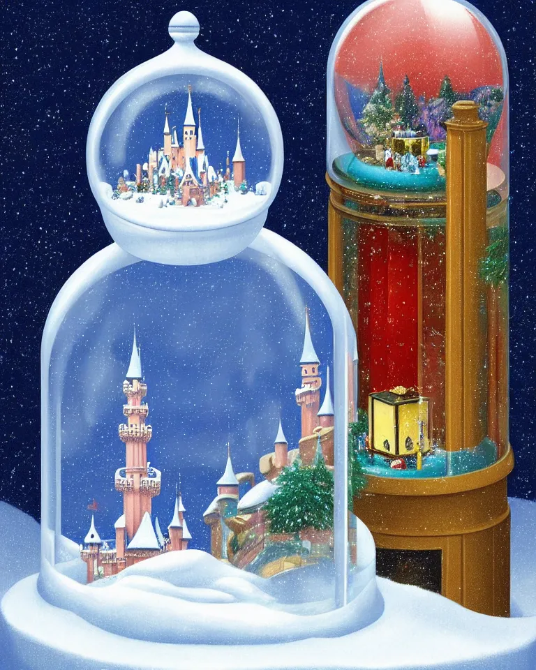 Prompt: an achingly beautiful print of one cylindrical snow globe with disneyland inside by raphael, hopper, and rene magritte. detailed, proportional, romantic, vibrant, enchanting, trending on artstation