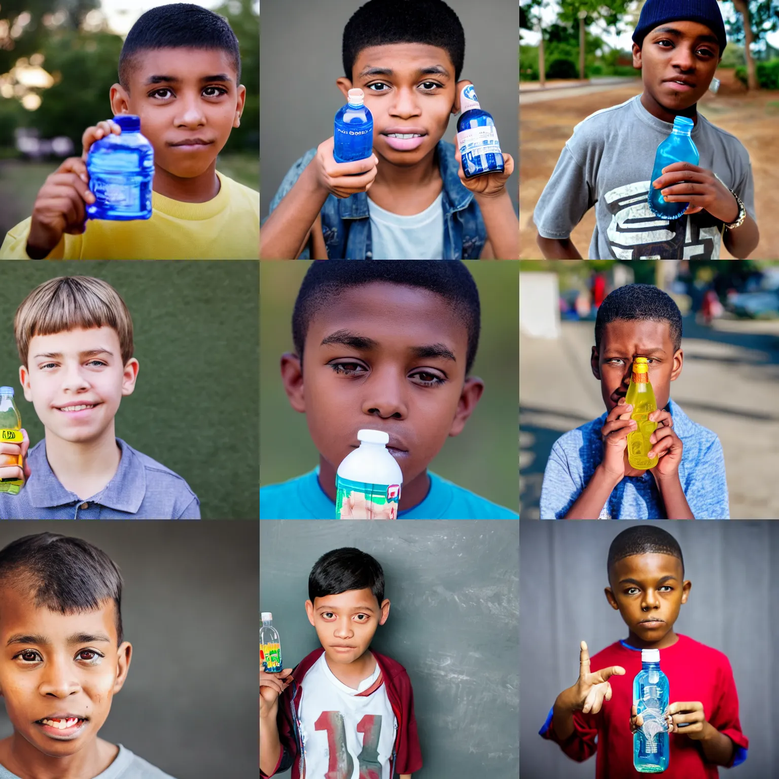 Prompt: a 1 0 year old boy with dollar signs in his eyes proudly holding a plastic bottle towards the camera