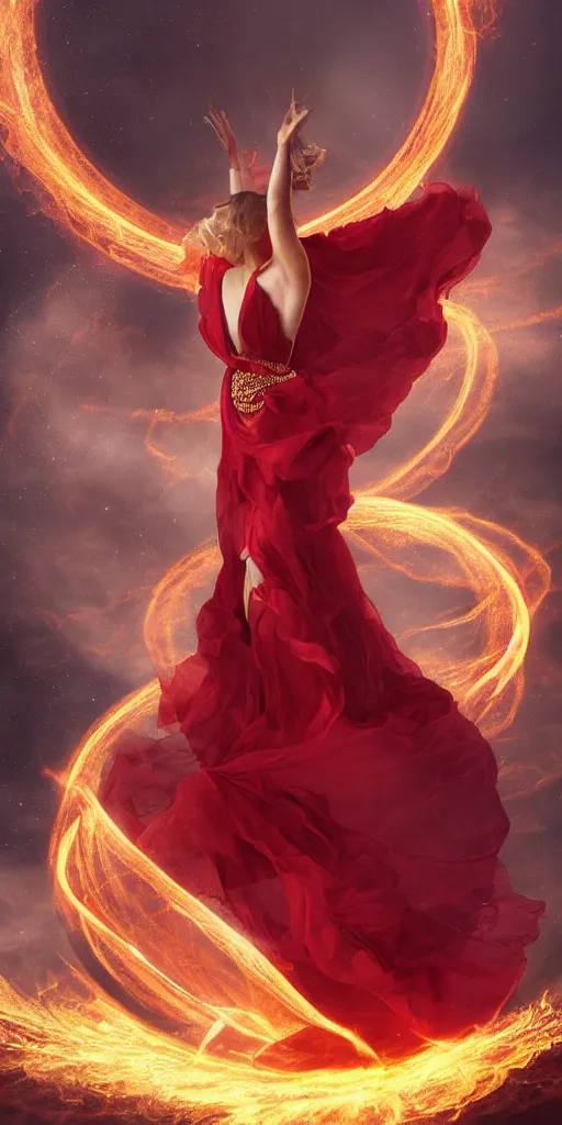 Image similar to A woman floats in midair, encircled by a ring of fire. She wears a crimson gown and her hair is wild and flowing. In her hands she holds a staff adorned with a large crystal ball, super coherent, trending on artstation, single subject, female, magic, full body portrait, by Lulu Chen and Mandy Jurgens