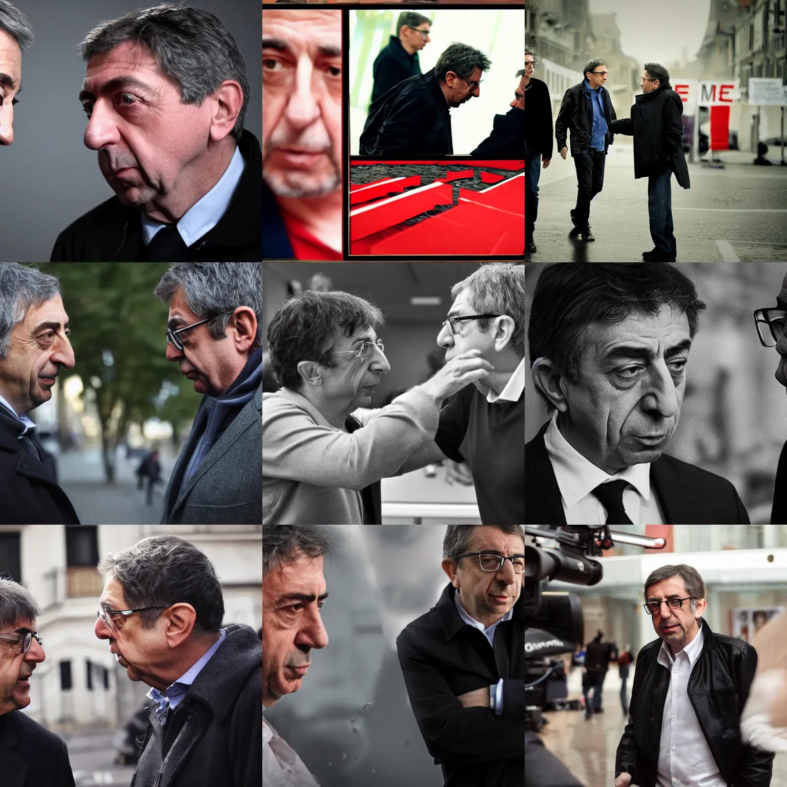 Prompt: eric zemmour fighting jean luc melenchon, moody, cinematic colors, bokeh