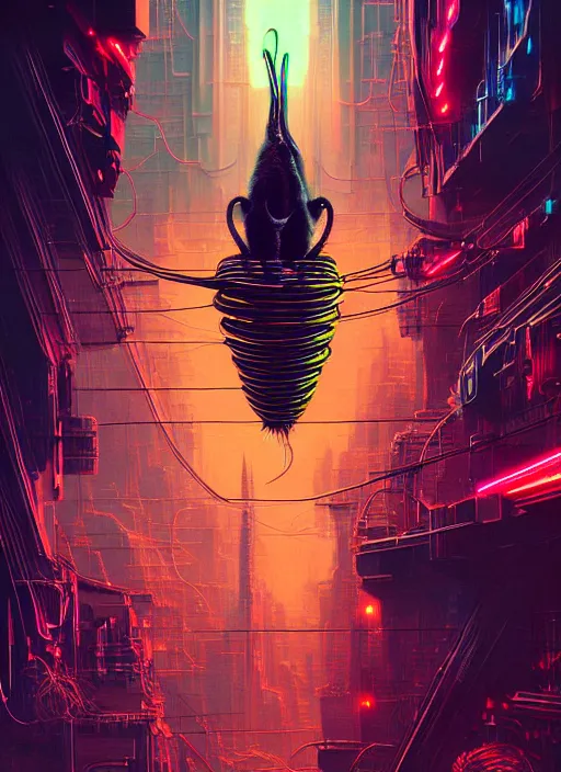 Image similar to cats cyborg inside an scifi tentacles wires futuristic city, beautiful neon cats, cinematic, highly detailed, photorealistic, rich bright colors, trending on artstation, giger, tsutomu nihei, trending on cgsociety, awe inspiring bruce pennington cityscape, digital art painting of 1 9 6 0 s