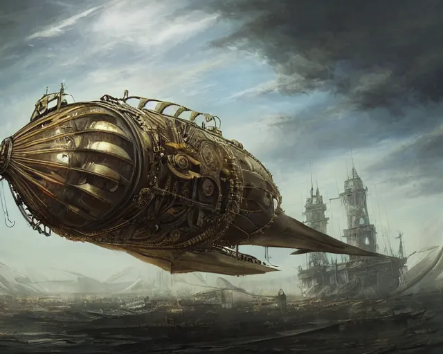 Image similar to legendary steampunk airship in medieval planet sky, alien technology, cinematic, highly detailed, smogpunk engines with sails, scifi, intricate digital painting, interesting angle artstation, by johnson ting, jama jurabaev
