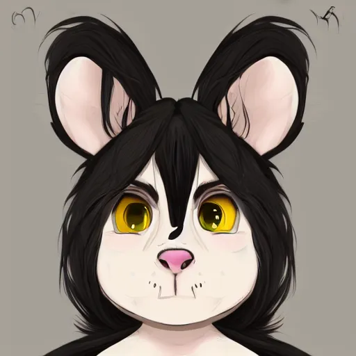 Image similar to headshot of young female furry, D&D, cute, fantasy, intricate, long hair, dark grey skin, mouse face, mouse nose, dark skin, mouse head, mouse ears, black hair, elegant, highly detailed, cartoony, artstation, concept art, smooth, sharp focus, illustration, art by Diives