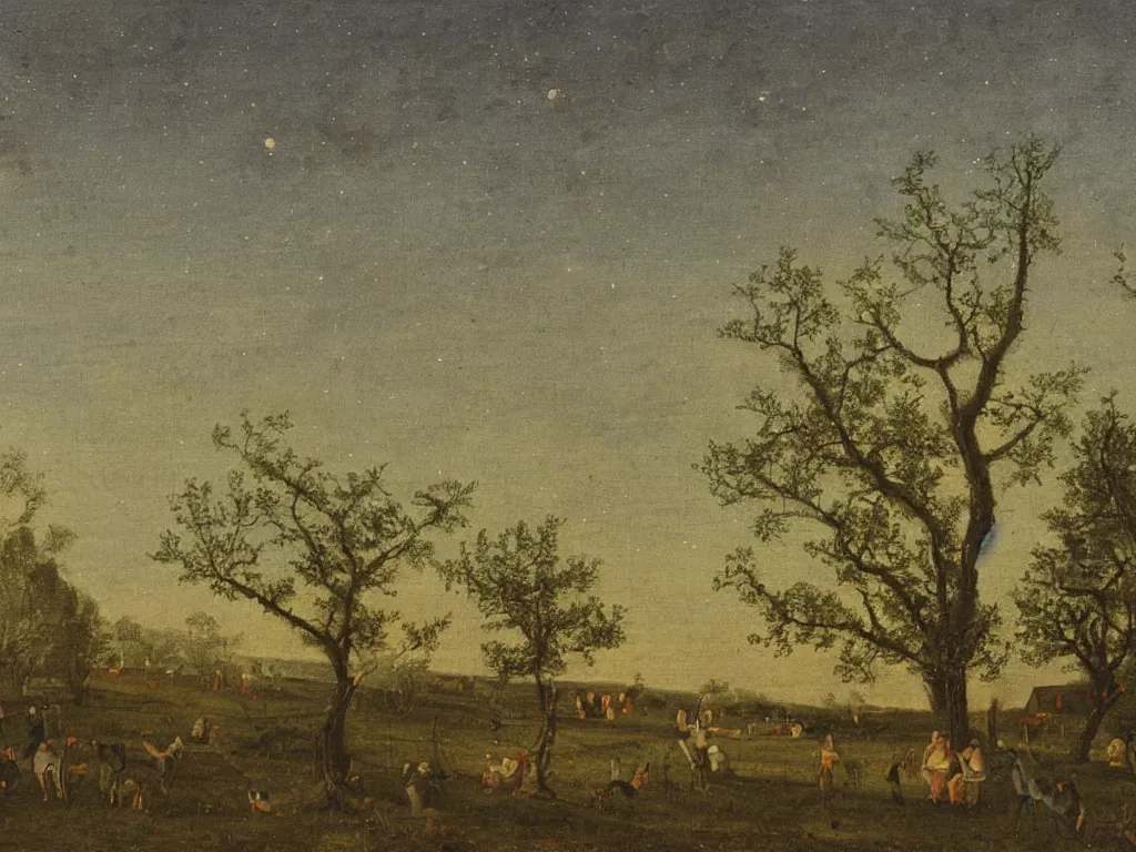 Prompt: Night with comet in the orchard. Painting by William de Nuncques