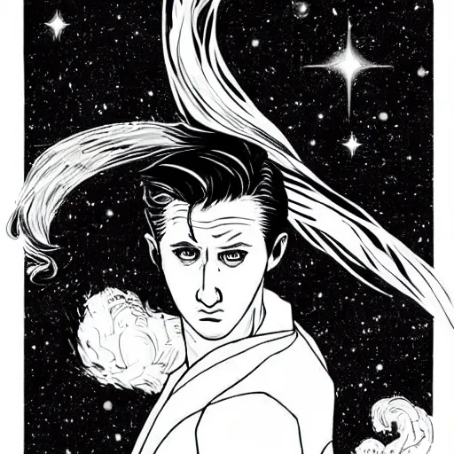 Image similar to black and white pen and ink!!!!!!! MAPPA designed Ryan Gosling wearing cosmic space robes made of stars final form flowing royal hair golden!!!! Vagabond!!!!!!!! floating magic swordsman!!!! glides through a beautiful!!!!!!! Camellia!!!! Tsubaki!!! flower!!!! battlefield dramatic esoteric!!!!!! Long hair flowing dancing illustrated in high detail!!!!!!!! by Moebius and Hiroya Oku!!!!!!!!! graphic novel published on 2049 award winning!!!! full body portrait!!!!! action exposition manga panel black and white Shonen Jump issue by David Lynch eraserhead and beautiful line art Hirohiko Araki!! Rossetti, Millais, Mucha, Jojo's Bizzare Adventure