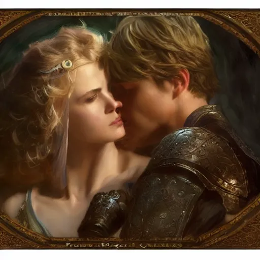 Image similar to attractive arthur pendragon confesses his love to attractive merlin. highly detailed painting by gaston bussiere, craig mullins, j. c. leyendecker 8 k