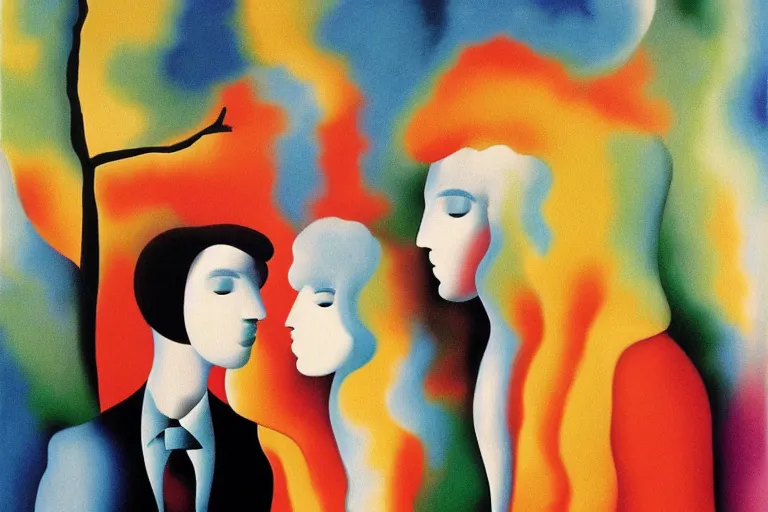 Prompt: abstract in the style of the lovers by rene magritte, hyper detailed, hyper realistic, colorful