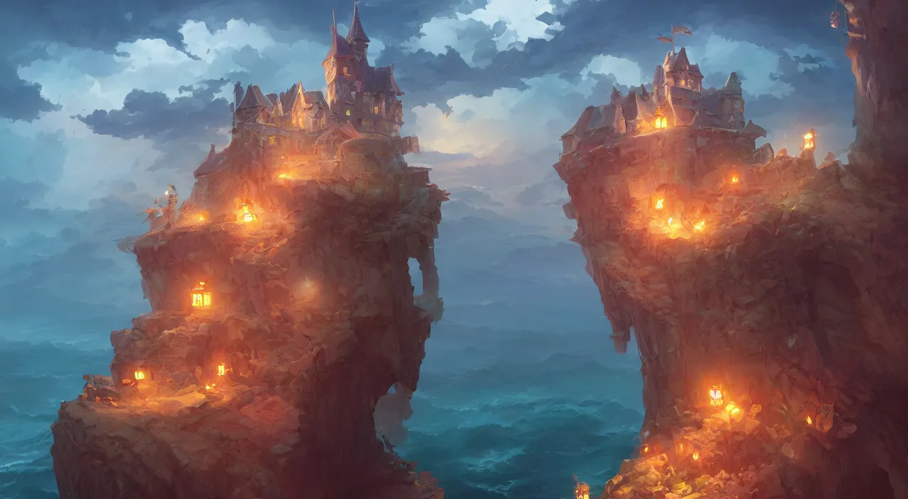 Image similar to castle on top of cliff over stormy seas, heartstone official fanart behance hd by Jesper Ejsing, by RHADS, Makoto Shinkai and Lois van baarle, ilya kuvshinov, rossdraws global illumination