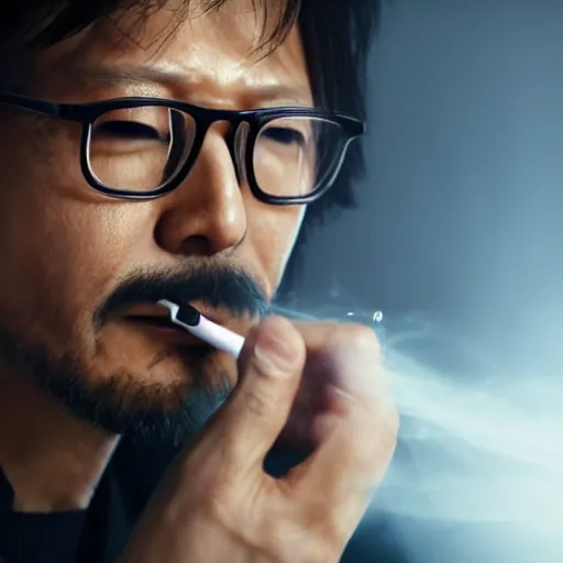 Image similar to hideo kojima smoking a blunt, lens flare, 4 k, detailed, global illumination, realistic, volumetric smoke