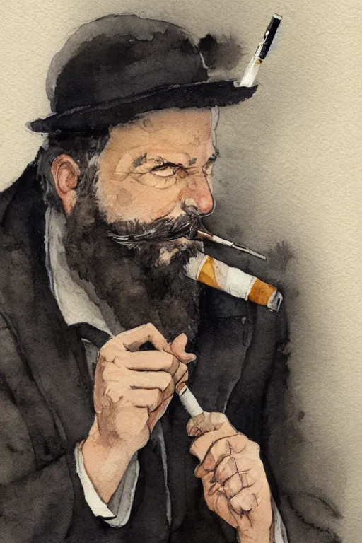 Image similar to portrait of a middle - aged writer with a beard, he is smoking a cigarette, watercolor style of greg rutkowski