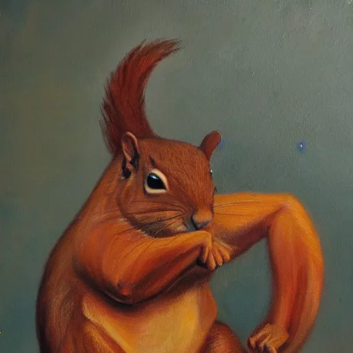 Image similar to oil painting of a muscular!!!! squirrel with bulging!! human!! biceps!!!!, 8 k, high quality