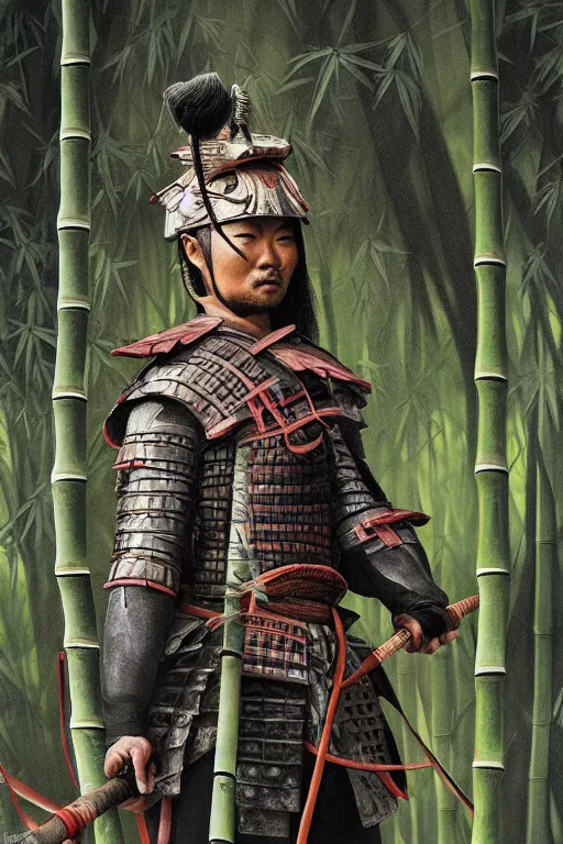 Prompt: close up of samurai warrior in a bamboo forest, a realistic illustration by david benzal, eddie mendoza