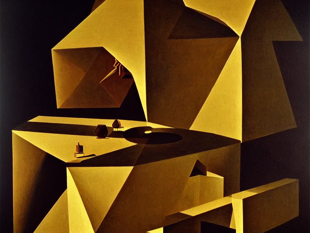 Image similar to hyperrealistic still life portrait of a mind exploding inside of a serene temple, beautiful plans, sacred geometry, light refracting through prisms in a tesseract, by Caravaggio, botanical print, surrealism, vivid colors, serene, golden ratio, rule of thirds, negative space, minimalist composition