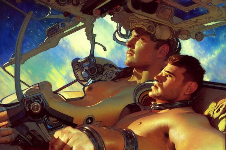 Prompt: beefy attractive men in spaceship, painting by gaston bussiere, craig mullins, greg rutkowski, alphonse mucha