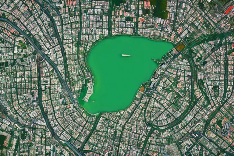 Image similar to satellite photography of a city with a square green park in the middle.