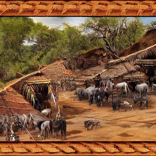 Prompt: digital painting highly detailed photo of a native indian village after a successful buffalo hunt