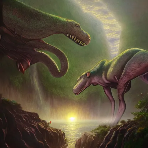 Image similar to the land before time, artstation hall of fame gallery, editors choice, # 1 digital painting of all time, most beautiful image ever created, emotionally evocative, greatest art ever made, lifetime achievement magnum opus masterpiece, the most amazing breathtaking image with the deepest message ever painted, a thing of beauty beyond imagination or words