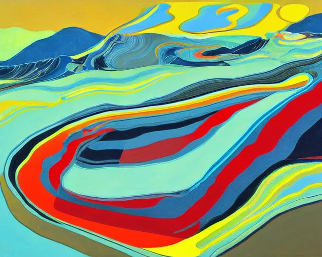 Image similar to A wild, insane, modernist landscape painting. Wild energy patterns rippling in all directions. Curves, organic, zig-zags. Saturated color. Mountains. Clouds. Rushing water. Wayne Thiebaud. Lisa Yuskavage landscape.