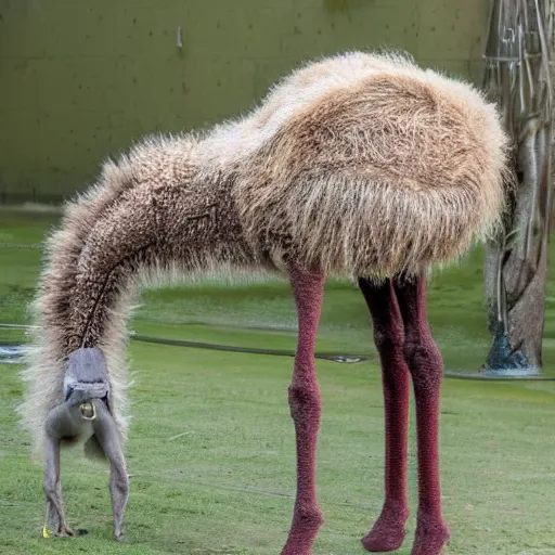 Image similar to bipedal ostrich and crocodile hybrid animal, real photo, taken in zoo