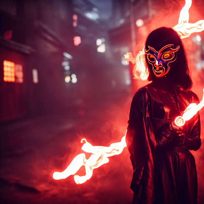 Image similar to a photo close up cyberpunk woman, wearing demon mask, fire dance in cyberpunk dirty alley, smoke mist rain, cyberpunk gunma prefecture, midnight, photorealistic, cinematic color, studio lighting, highly detailed, bokeh, style by tomino - sama