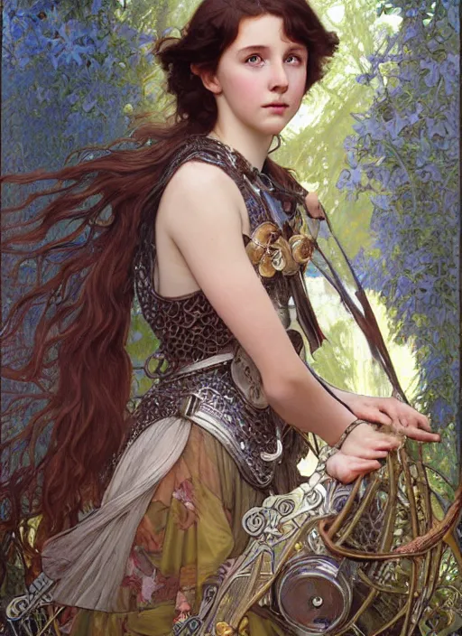 Prompt: realistic detailed painting of a 1 6 - year old girl who resembles millie bobby brown and saoirse ronan with a shy, blushing, coy expression wearing intricate, detailed, art nouveau chainmail plate armor by alphonse mucha, ayami kojima amano, charlie bowater, karol bak, greg hildebrandt