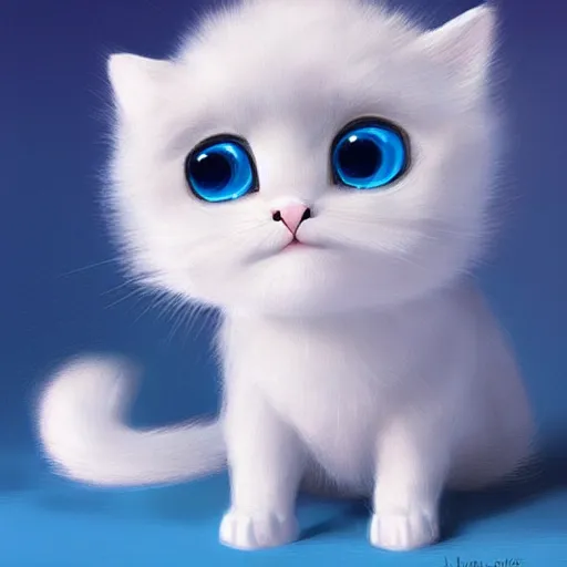 Image similar to cute kitty as a cloud, fluffy, white fur, blue eyes, pixar, concept art, digital art, painting