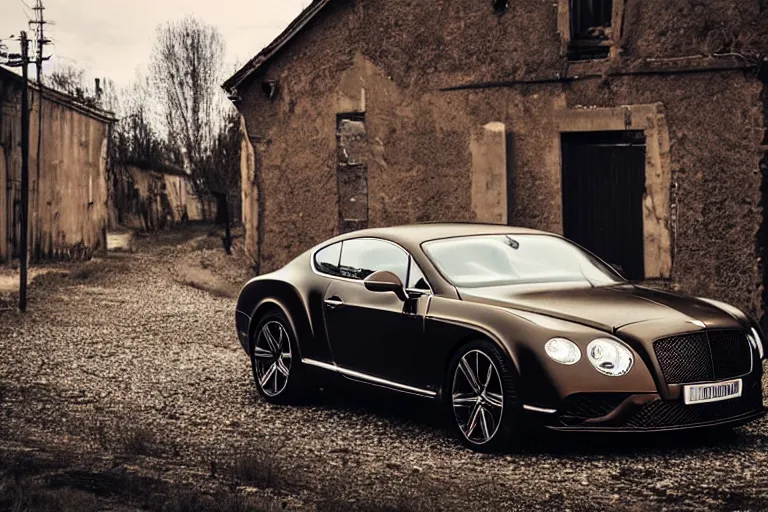 Image similar to modern rusty matte tired Bentley Continental GT without gloss no reflections drives along the road of an old Russian village with houses at the edges