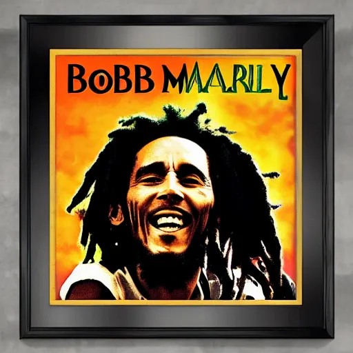 Prompt: bob marley with album art im background, cinema lighting