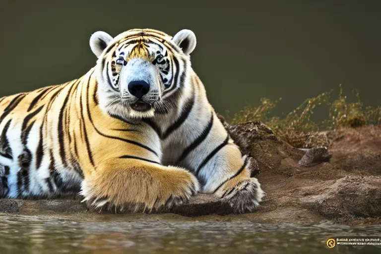 Image similar to a tiger polar bear!!! hybrid! hyper realistic!! realistic lighting!! wildlife photographer of the year!!! bold natural colors, national geographic, hd, wide angle, 8 k