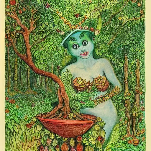 Image similar to a green genie ready to grant wishes deep in the forest, fantasy illustration, Louis wain