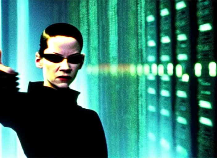 Image similar to Movie still of Neo in The Matrix movie doing a thumb up to the camera in front on burning servers.