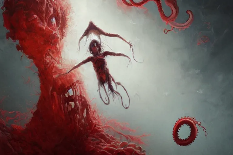 Image similar to painting by greg rutkowski of a flying crying human head and face that is chalk white in color, with tentacles coming of the neck, fiery red eyes, flying in a terrying hell like cavernous place
