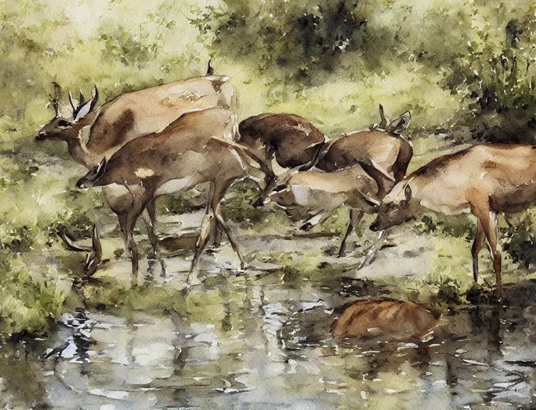 Image similar to watercolor sketch by anders zorn, deer drinking water by pond, nature art mockup