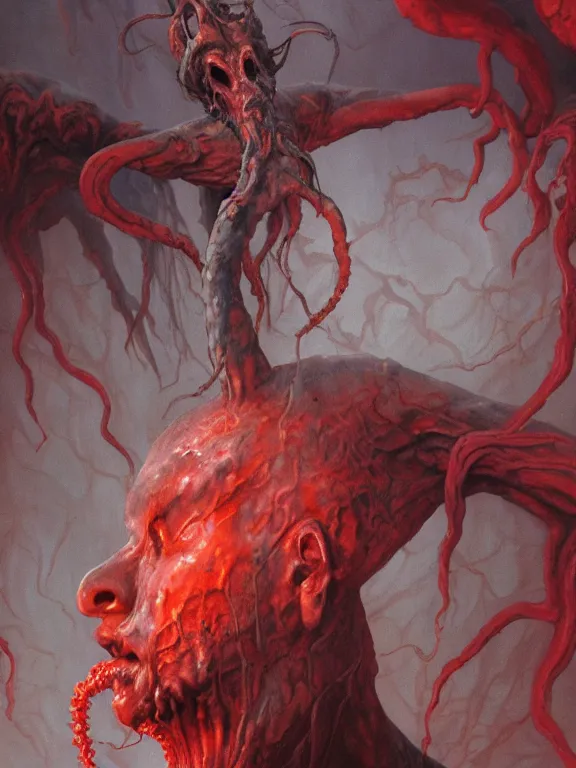 Prompt: wayne barlowe painting of a flying sorrowful looking severed human head, floating head with tears running down it's eyes, face that is chalk white in color, with long white tentacles stemming from it's neck, fiery scorching red eyes, background sprawling terrifying hellish cave with lava flowing through it's walls, 4 k