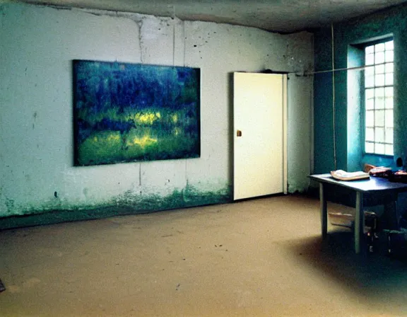 Prompt: medium size room with figure film still 1 9 9 2 industrial impressionism