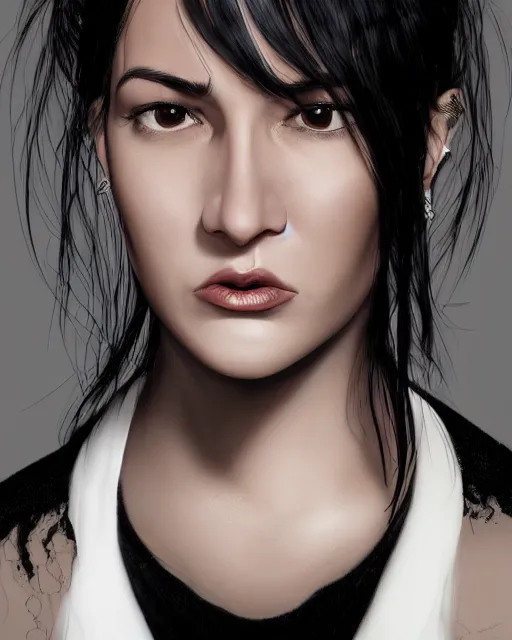 Prompt: portrait of a tall 4 0 - year - old woman with thin lips, long, lush black hair gathered on the head bun, and thick eyebrows, haughty facial expression, wearing in black clothes, aristocratic appearance, hyper realistic face, beautiful eyes, character art, art by mark brooks, hyperdetailed, cryengine, trending on artstation, digital art