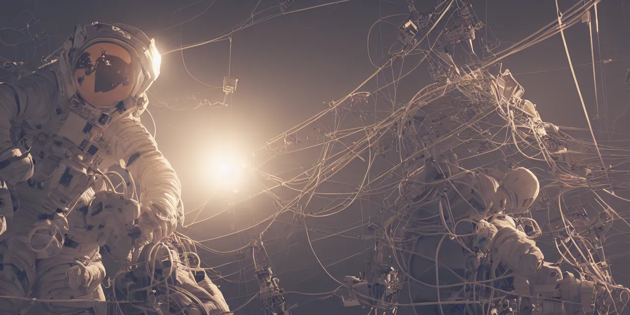 Prompt: astronaut entangled by a lot of cables, connected to a supercomputer designed by Dieter Rams, cinematic lighting, haze, octane render, lens flare