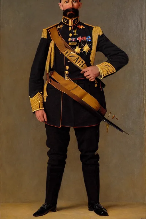 Prompt: full body portrait of the dictator of the charlotte hornets, 1 8 8 9, in full military garb, oil on canvas by william sidney mount, trending on artstation