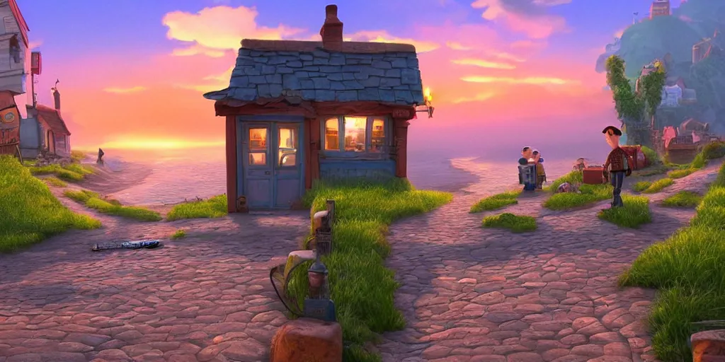 Image similar to epic professional digital art of a lonely cobblestone street with a kiosk on a cliff over the sea at sunset, highly detailed, pixar movie, in the style of toy story, trending at artstation