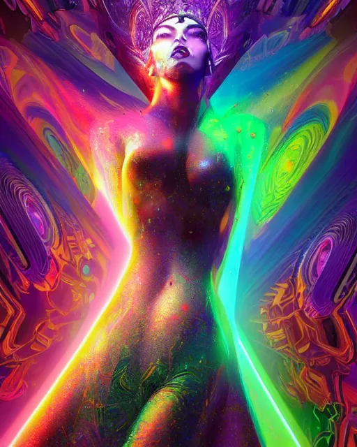 Image similar to a powerful energy psychedelic matrix queen, by alexander fedosav, hyper detailed digital matte painting, concept art, hyperrealism, 1 6 k resolution, cinema 4 d, 8 k resolution, trending on artstation, behance hd, a masterpiece, by stephan martiniere, particles, cel - shaded, power bright neon energy, by david a. hardy,