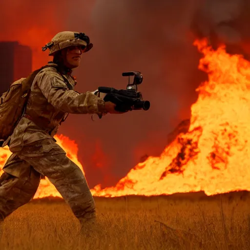 Prompt: a soldier with a glowing orange visor, a half-turn looks into the camera, bodies of the dead are scattered around, an fire in the background, 4k, details, dramatic pose